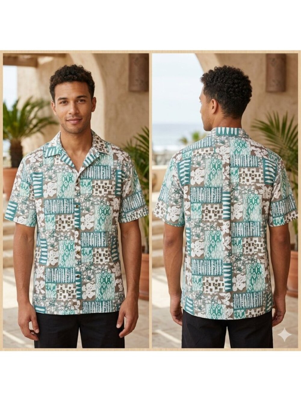 Vintage Weekender Traveler Mens Hawaiian Shirt Short Sleeve Button Up Patchwork